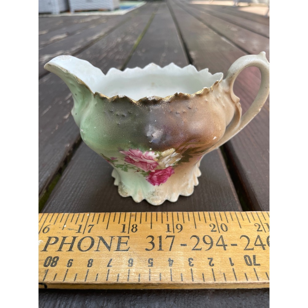Vintage MZ Austria Porcelain Creamer Hand Painted Pink Roses Gold Gilt Scalloped